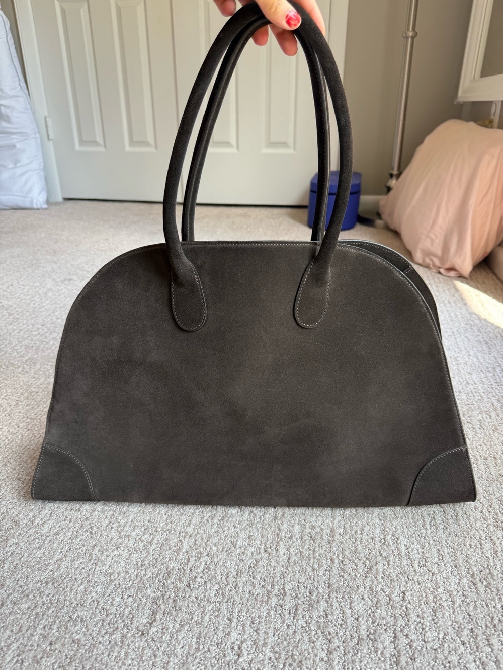 COS Studio Bowling Bag in dark brown suede